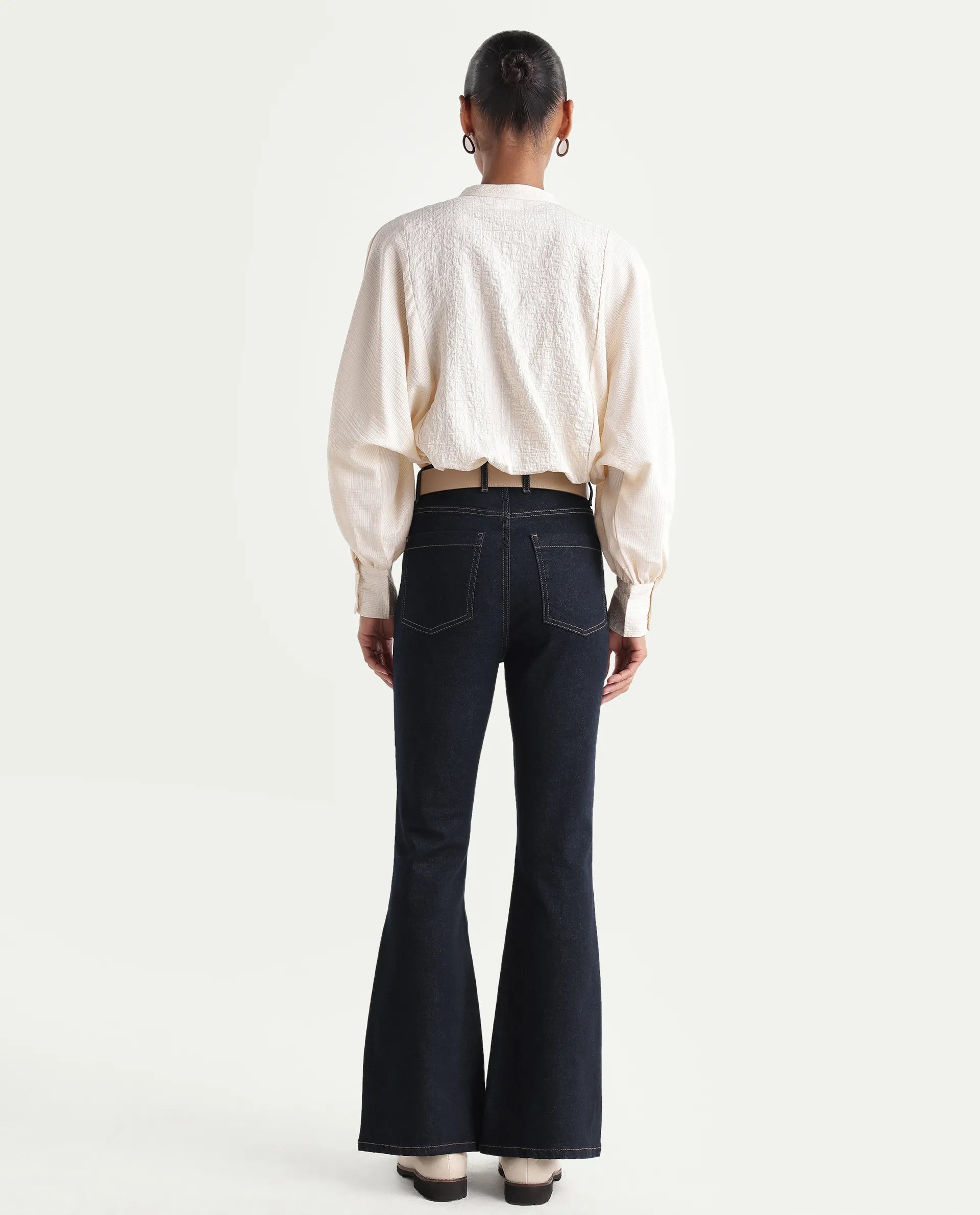Rareism Women's Benon Dark Navy Cotton Blend Bootcut Plain Jeans