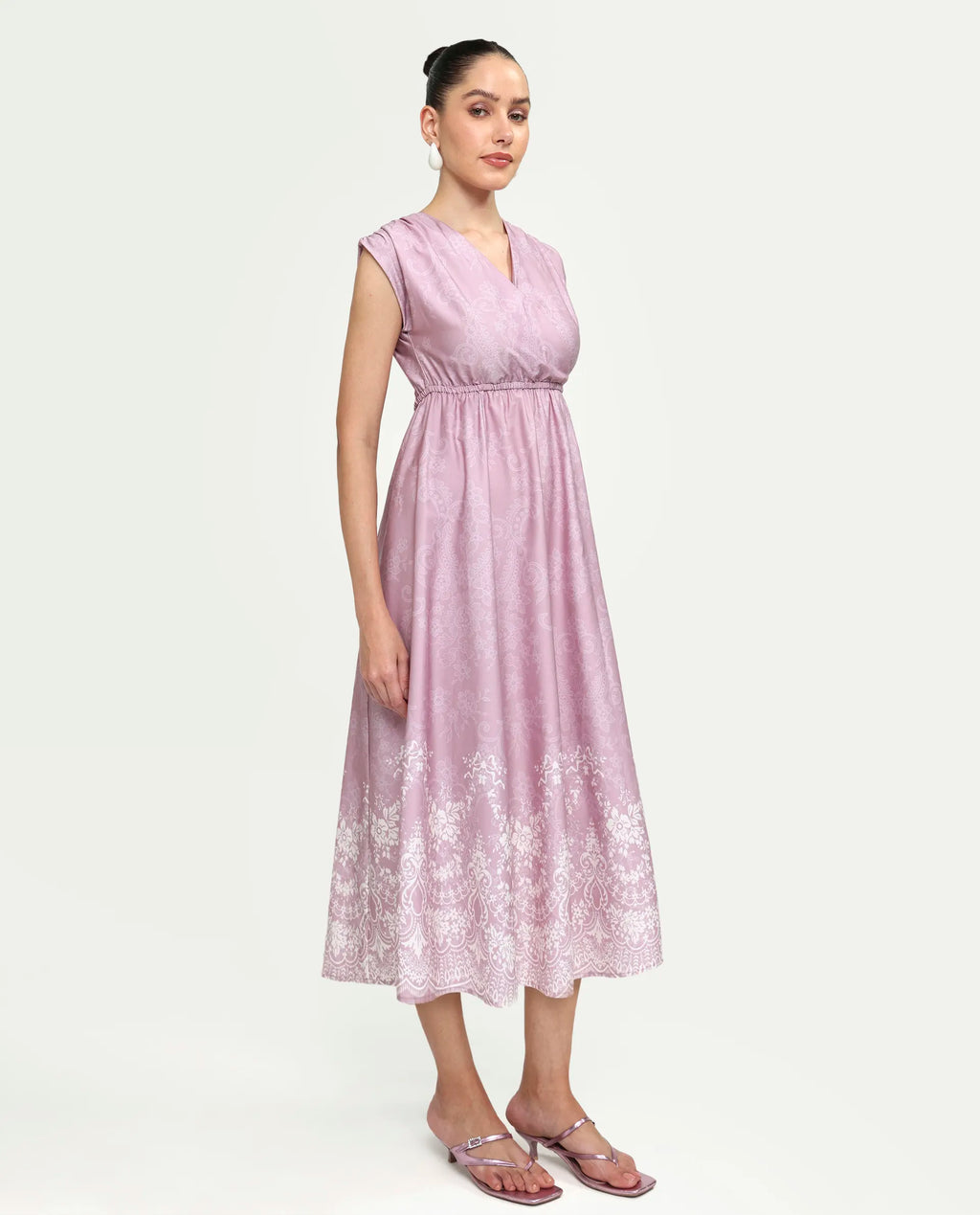 Rareism Women's Hync Pink Cotton Half Sleeve V-Neck Elastic Fit And Flare Ornamental Print Dress