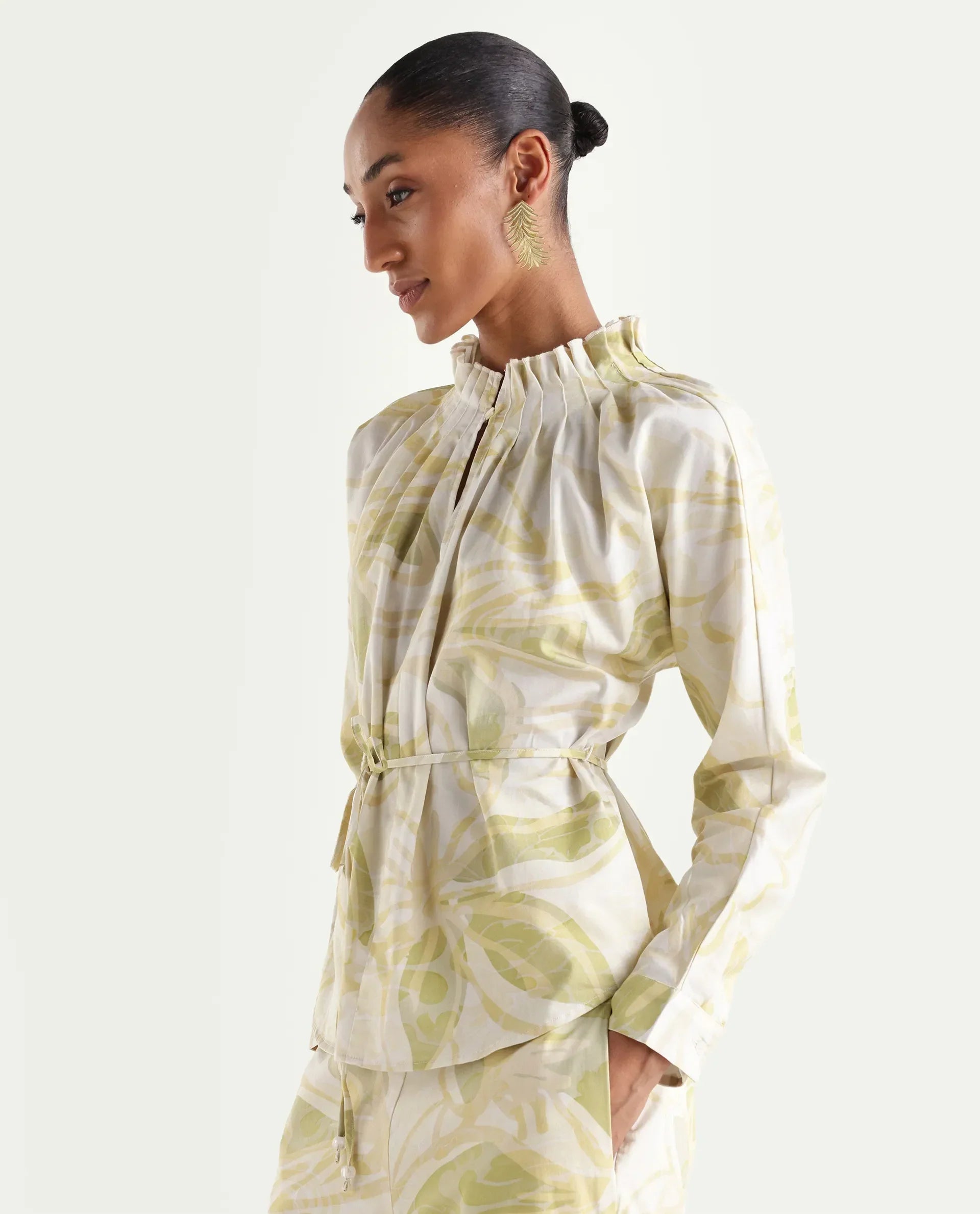 Rareism Women's Hyce-T Light Green Cotton Full Sleeve Pleated Neck Relaxed Fit Abstract Print Top