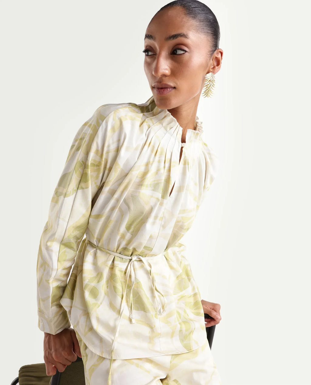 Rareism Women's Hyce-T Light Green Cotton Full Sleeve Pleated Neck Relaxed Fit Abstract Print Top