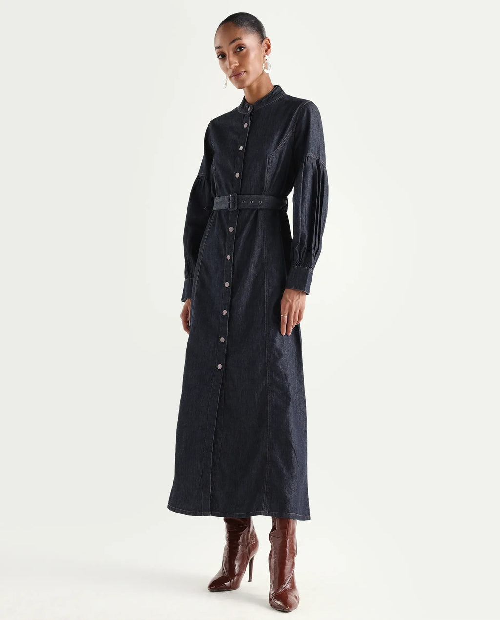 Rareism Women's Denzia Dark Blue Cotton Full Sleeve Spread Collar Regular Fit Plain Dress