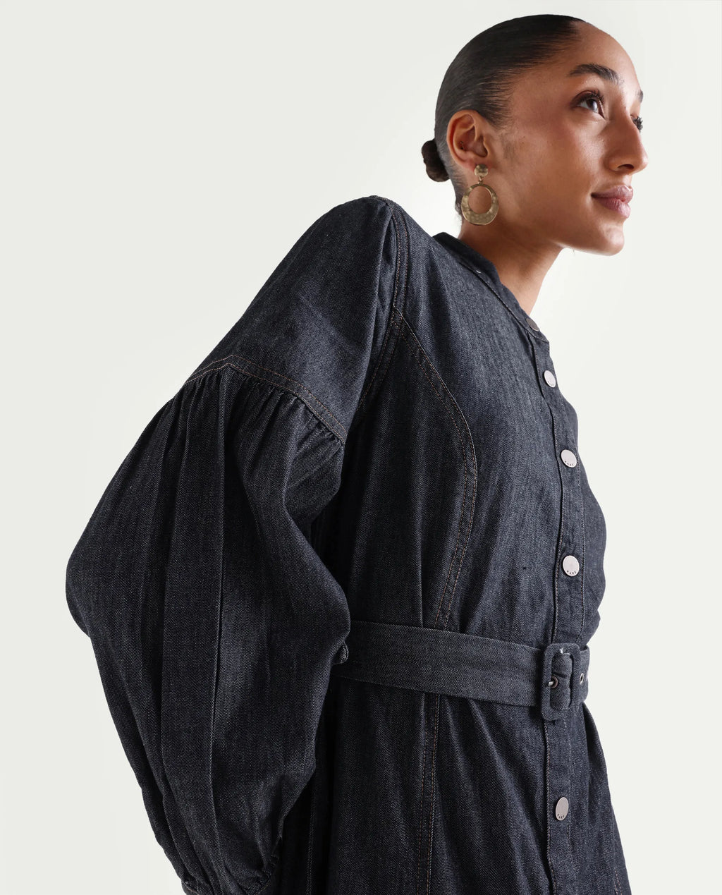 Rareism Women's Denzia Dark Blue Cotton Full Sleeve Spread Collar Regular Fit Plain Dress