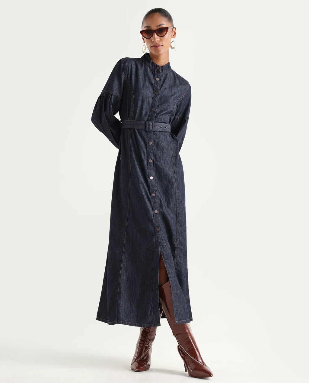 Rareism Women's Denzia Dark Blue Cotton Full Sleeve Spread Collar Regular Fit Plain Dress