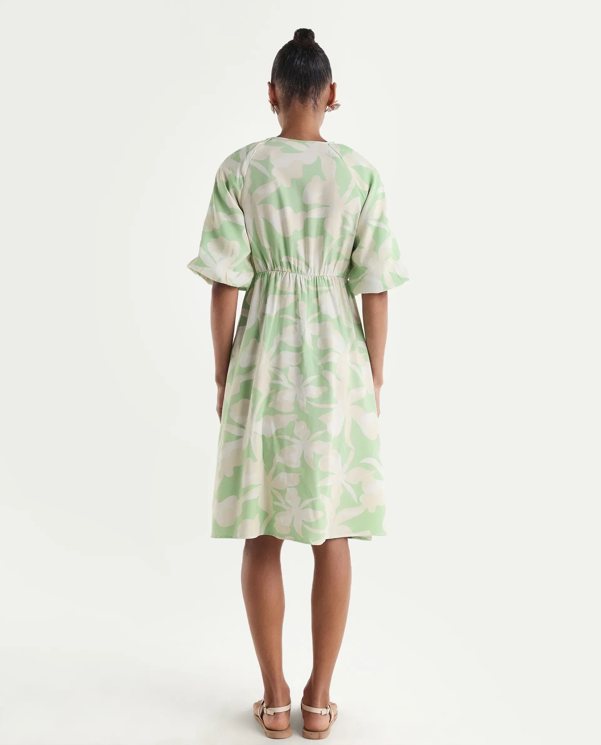 Rareism Women's Vemox Light Green Viscose Half Sleeve Tie-Up Neck Fit And Flare Abstract Print Dress