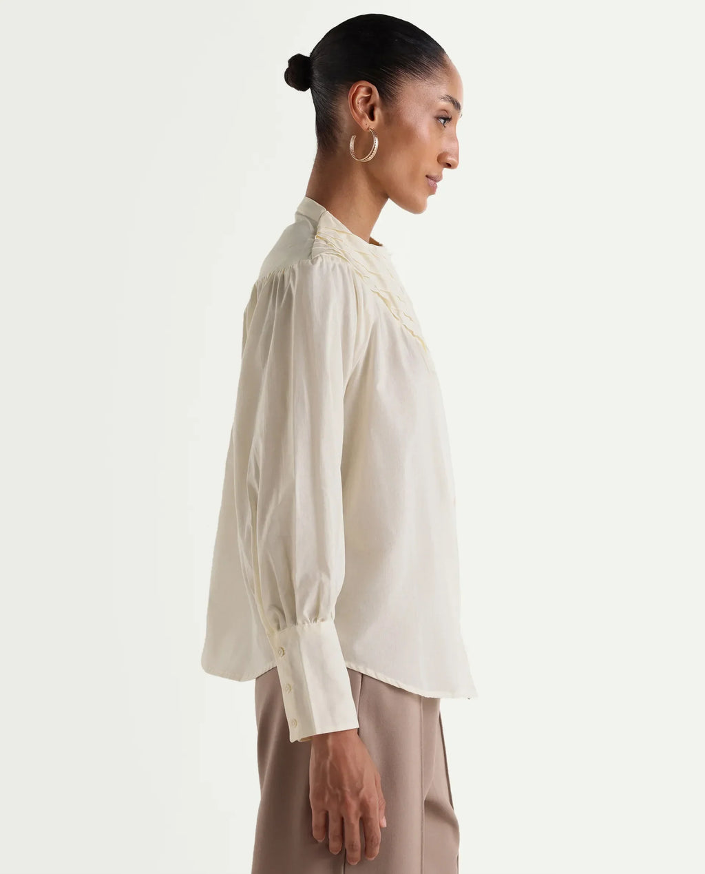 Rareism Women's Hilm Primary Beige Cotton Full Sleeve Crew Neck Regular Fit Top