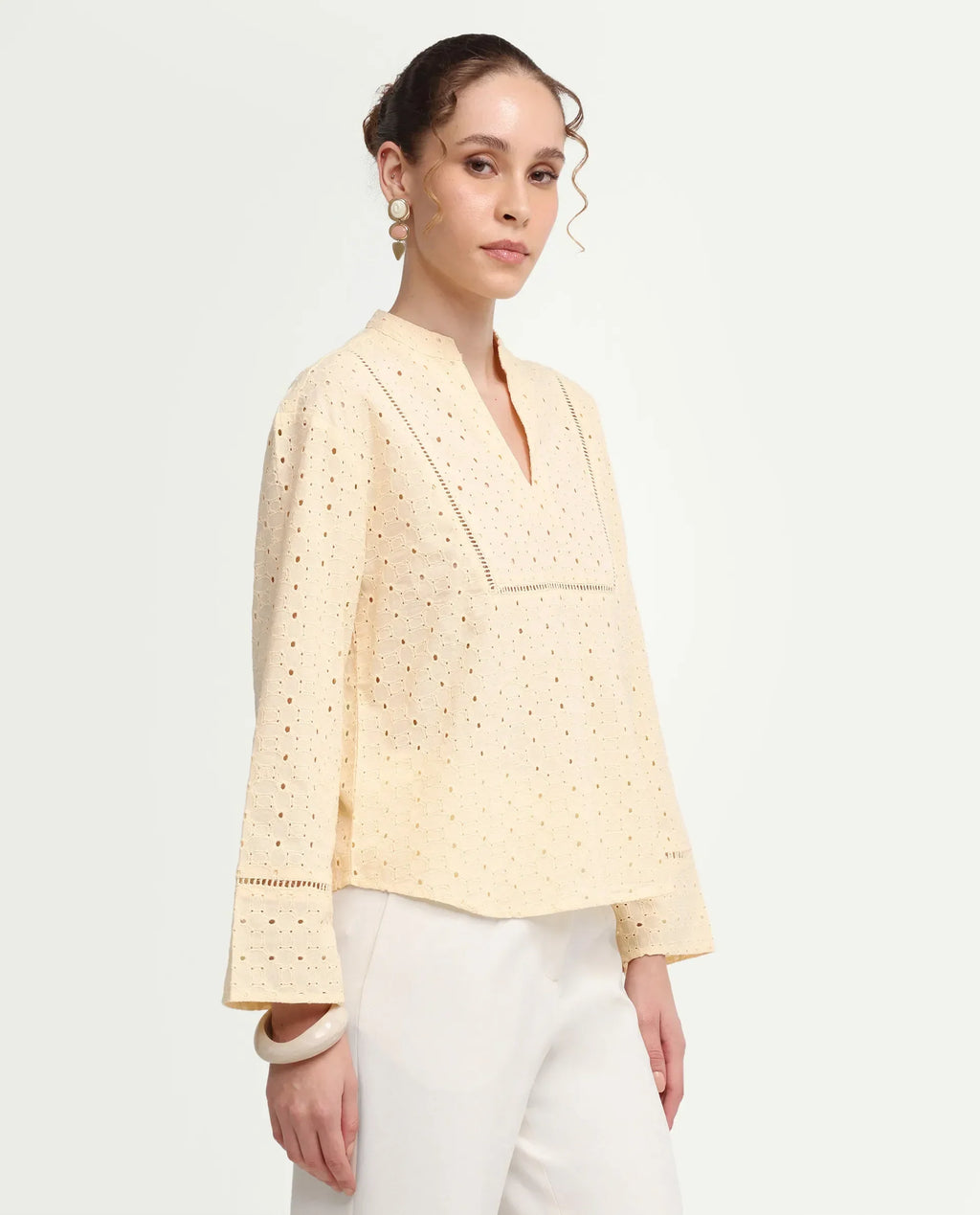 Rareism Women's Ruch Pastel Yellow Cotton Full Sleeve Band Collar Regular Fit Top