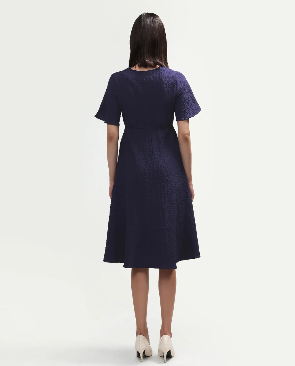 Rareism Women's Vondien Navy Polyester V-Neck Flared Plain Dress