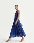 Rareism Women's Keplet Blue Polyester Halter Neck A-Line Plain Dress