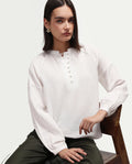 Rareism Women's Rudin White Cotton Band Collar Relaxed Plain Top