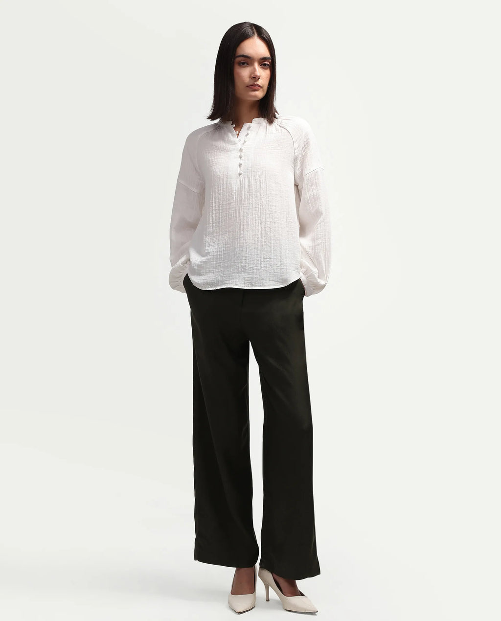 Rareism Women's Rudin White Cotton Band Collar Relaxed Plain Top