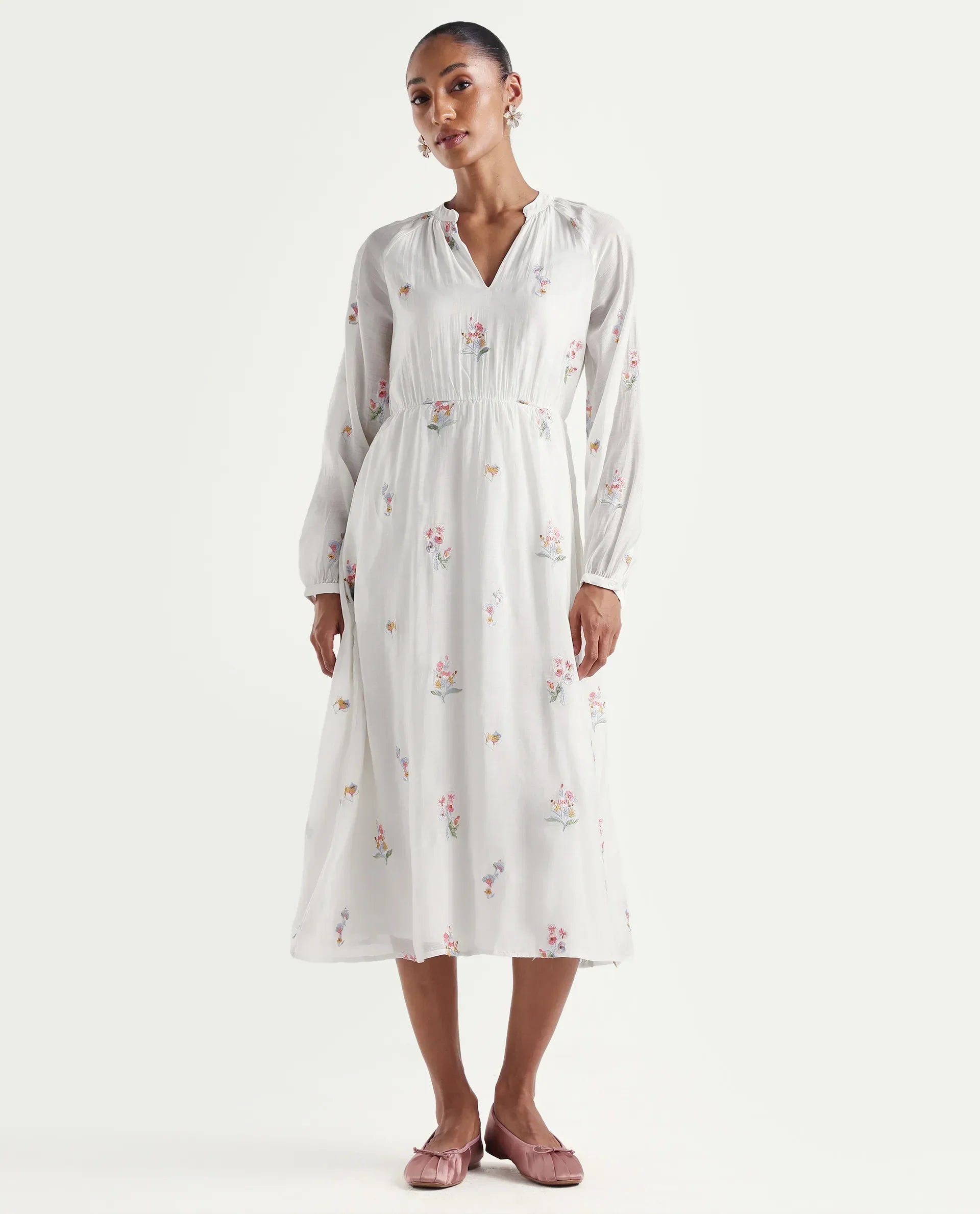 Rareism Women's Huri Off White Viscose Blend Band Collar Fit And Flare Plain Dress