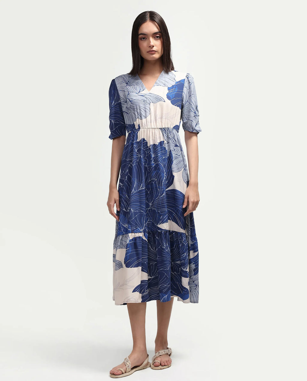 Rareism Women's Vuxon Blue Viscose V-Neck Fit And Flare Floral Print Dress