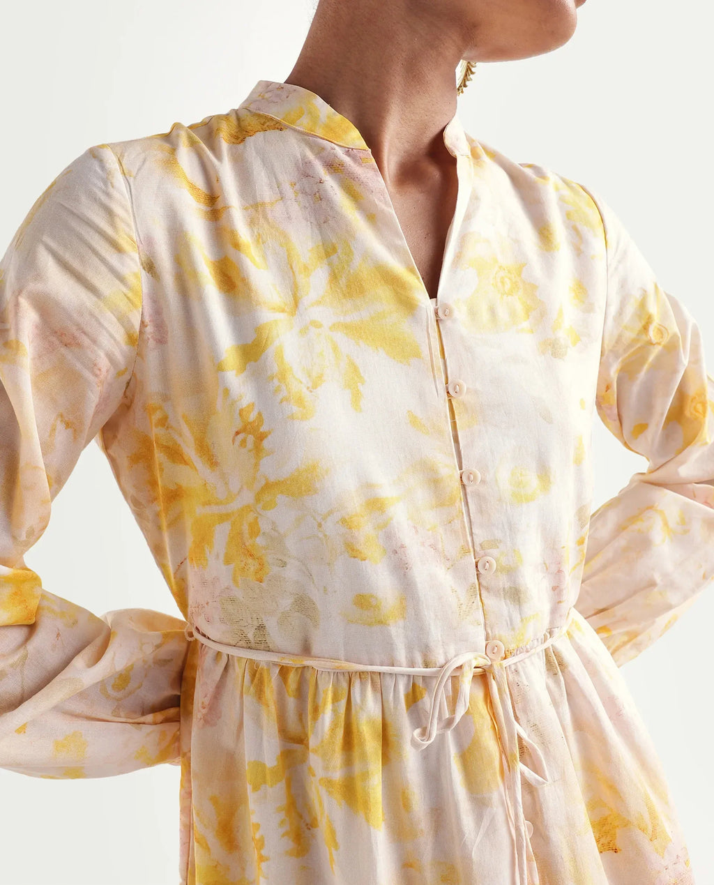 Rareism Women's Runo Yellow Cotton Band Collar Regular Floral Print Dress