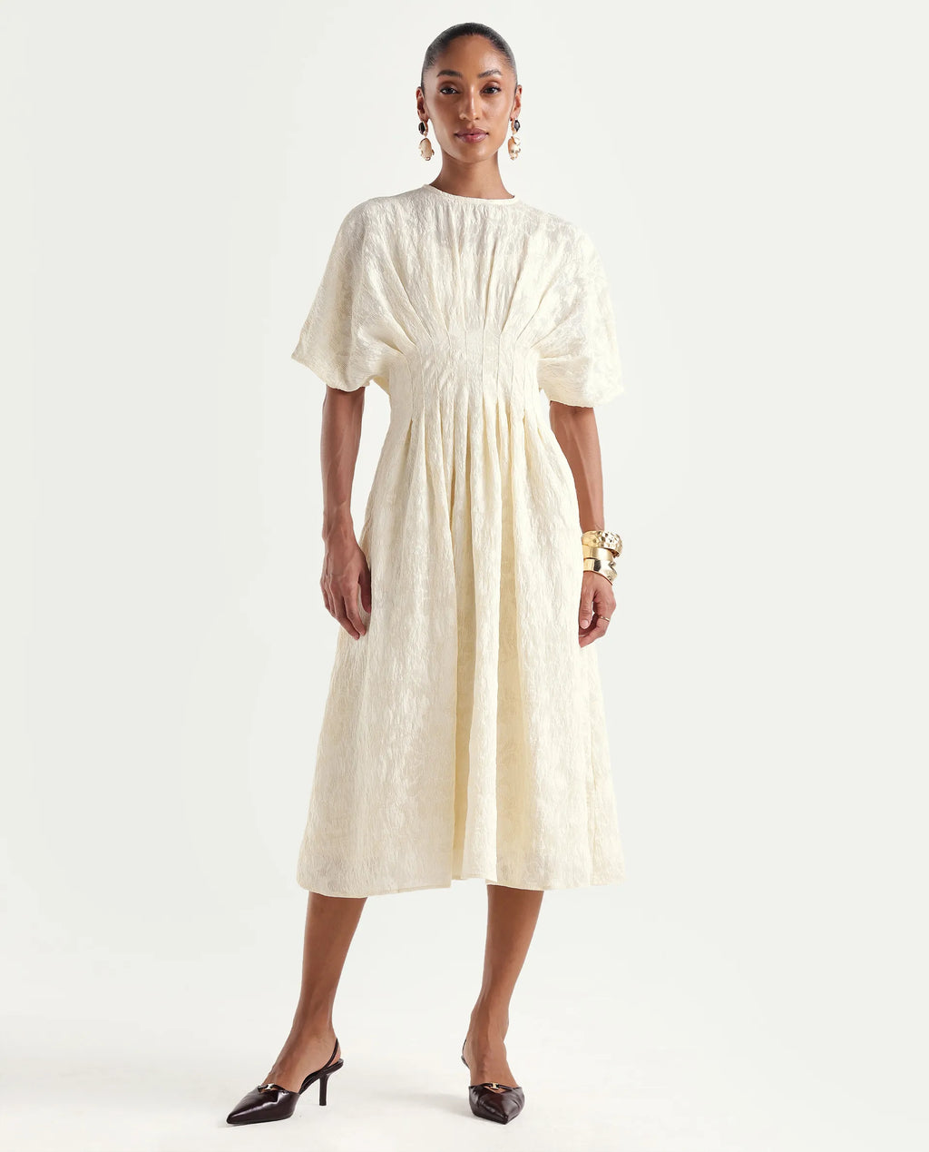 Rareism Women's Hant Off White Viscose Blend Crew Neck Fit And Flare Plain Dress