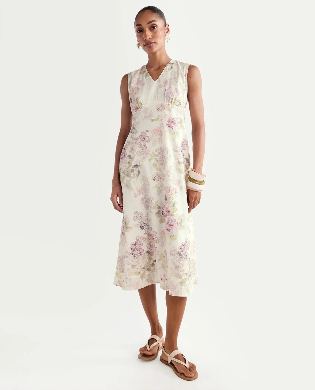 Rareism Women's Rugo Light Beige Cotton V-Neck A-Line Floral Print Dress