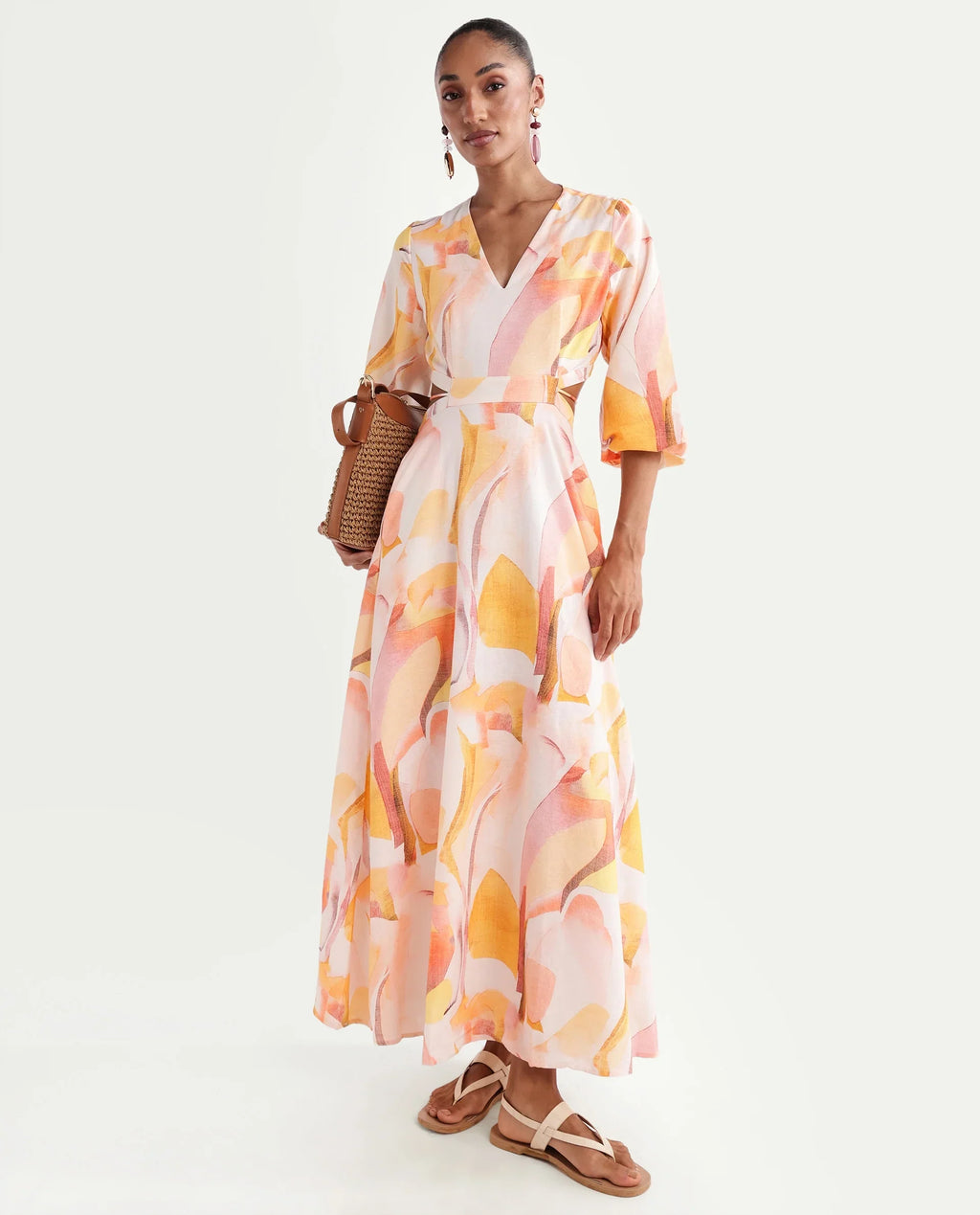 Rareism Women's Ruvin Multi Viscose Blend V-Neck Flared Abstract Print Dress