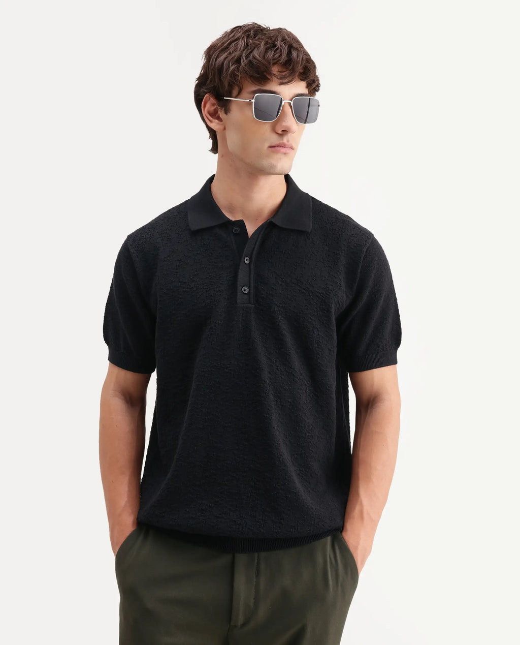 Rare Rabbit Men's Mont Black Cotton Spread Collar Button Closure Regular Fit Textured Polo
