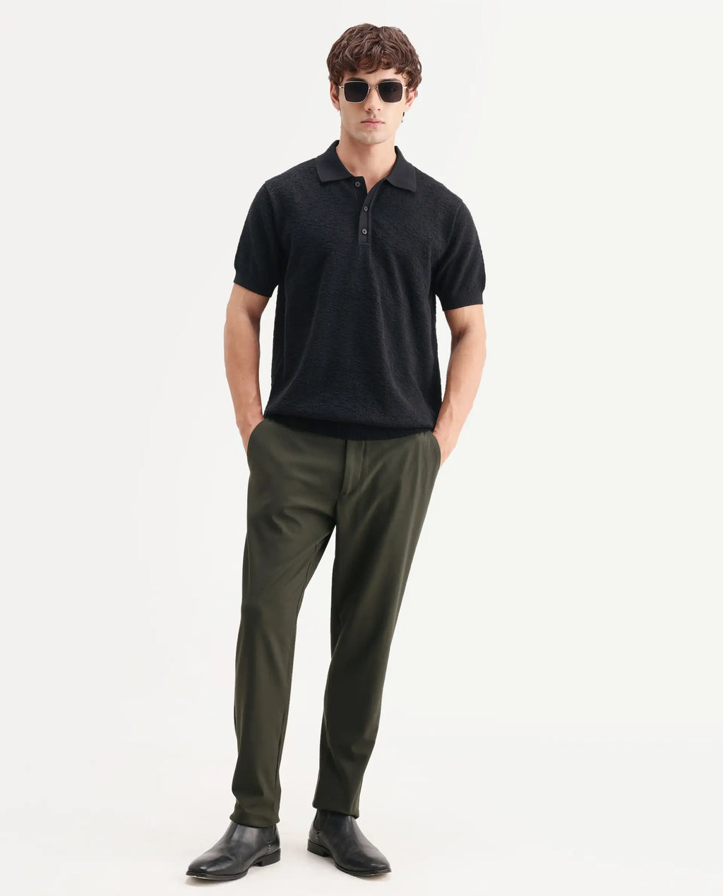 Rare Rabbit Men's Mont Black Cotton Spread Collar Button Closure Regular Fit Textured Polo