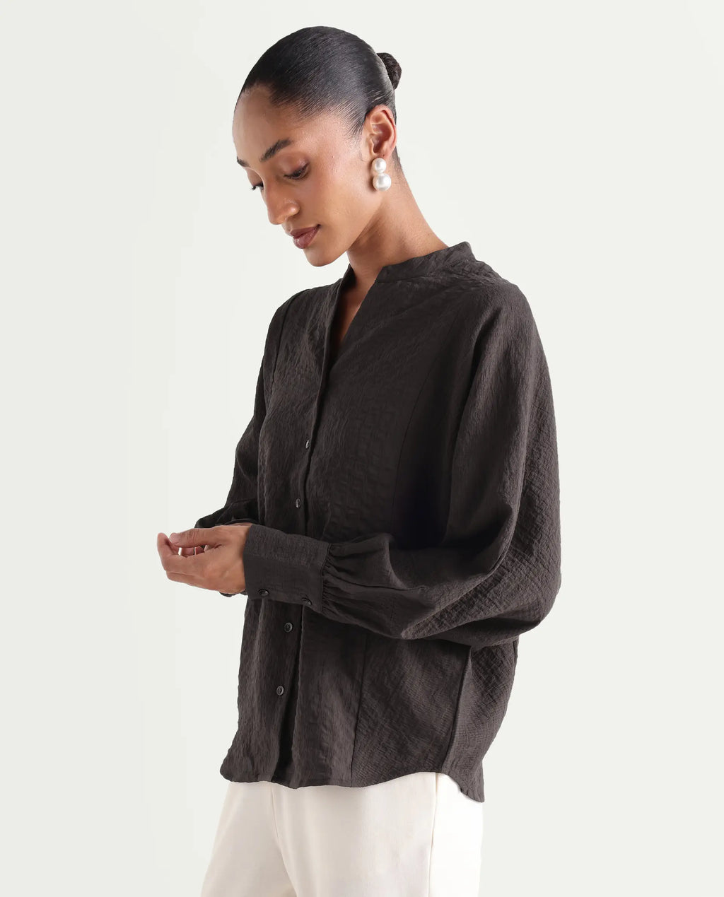 Rareism Women's Dove Brown Viscose Blend Band Collar Button Regular Plain Top