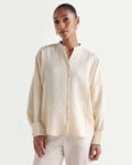 Rareism Women's Dove Off White Viscose Blend Band Collar Button Regular Plain Top