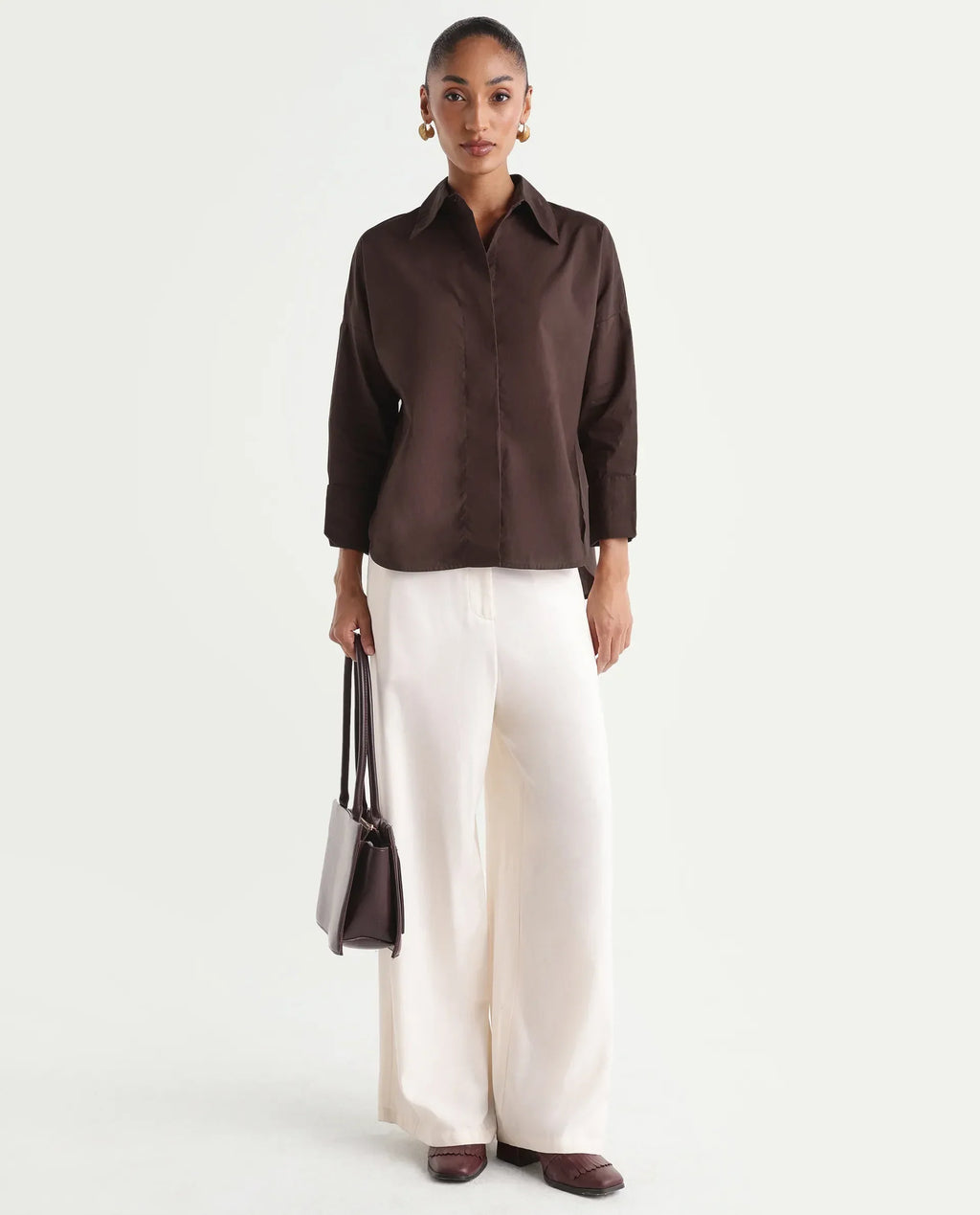 Rareism Women's Oni Brown Cotton Spread Collar Button Boxy Plain Shirt