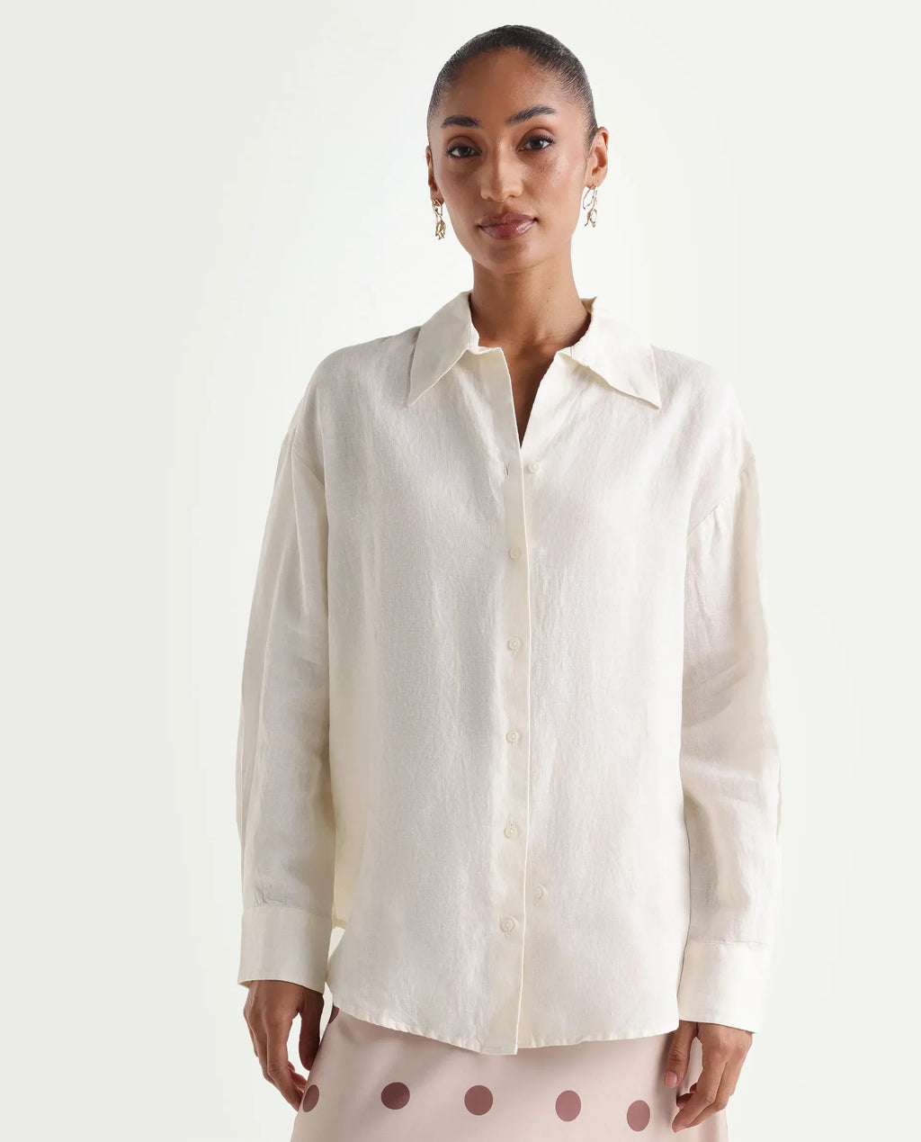 Rareism Women's Uganda White Linen Spread Collar Regular Plain Shirt