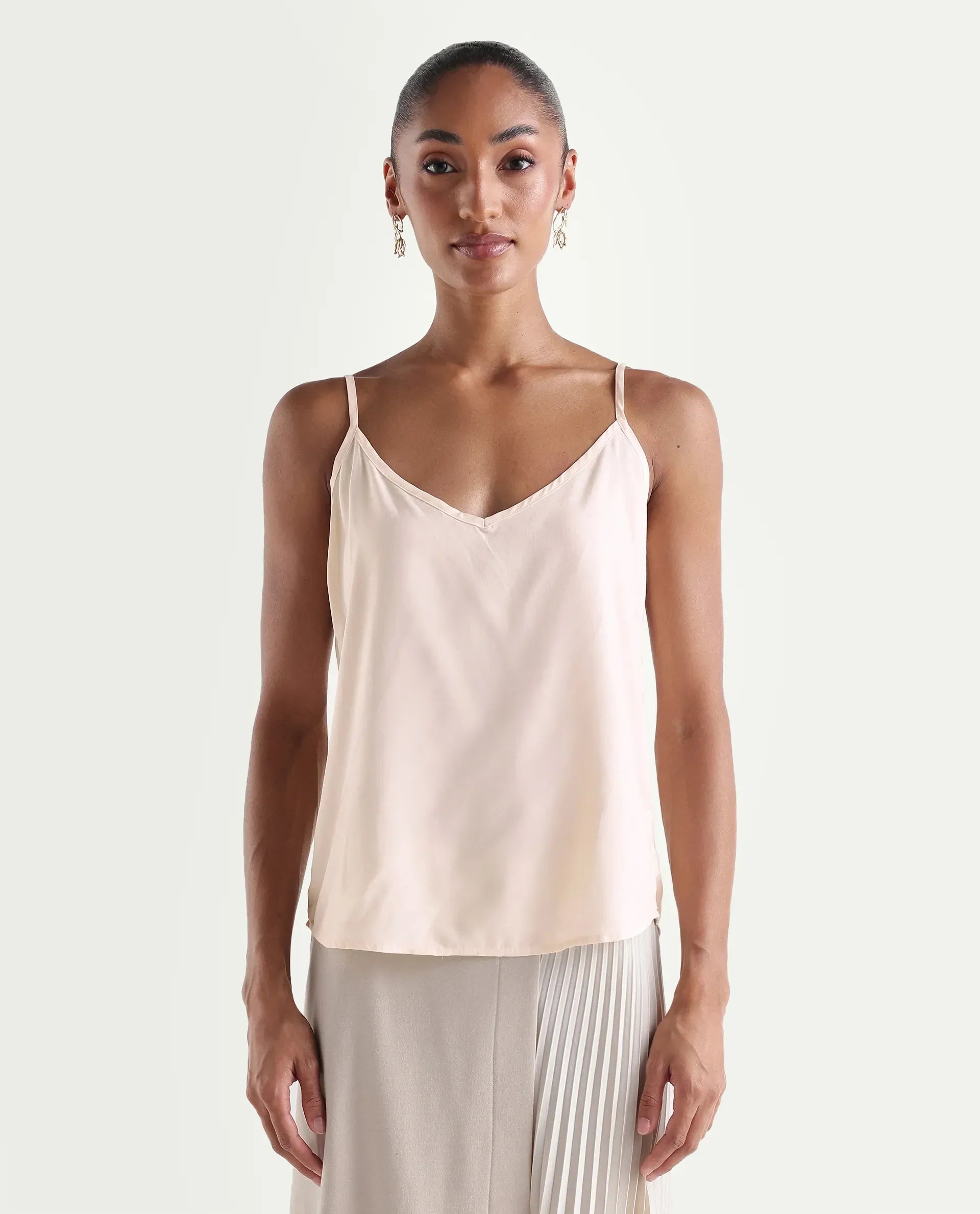 Rareism Women's Holto Beige Viscose Blend High Neck Relaxed Plain Top