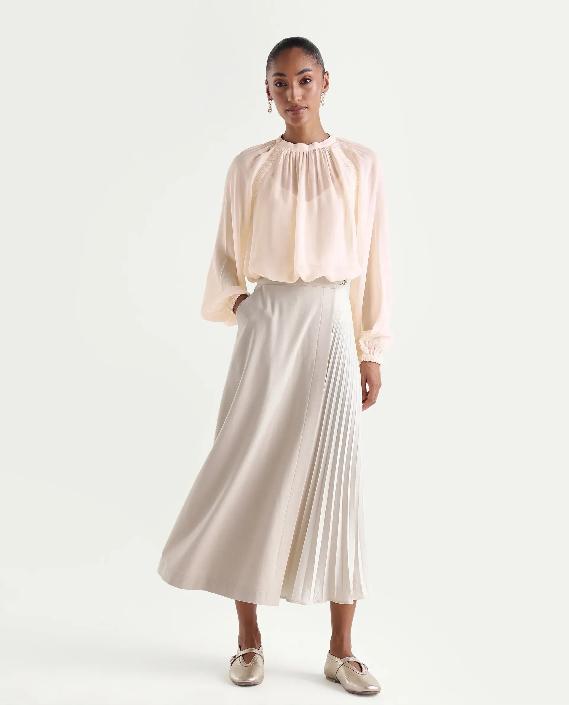 Rareism Women's Holto Beige Viscose Blend High Neck Relaxed Plain Top