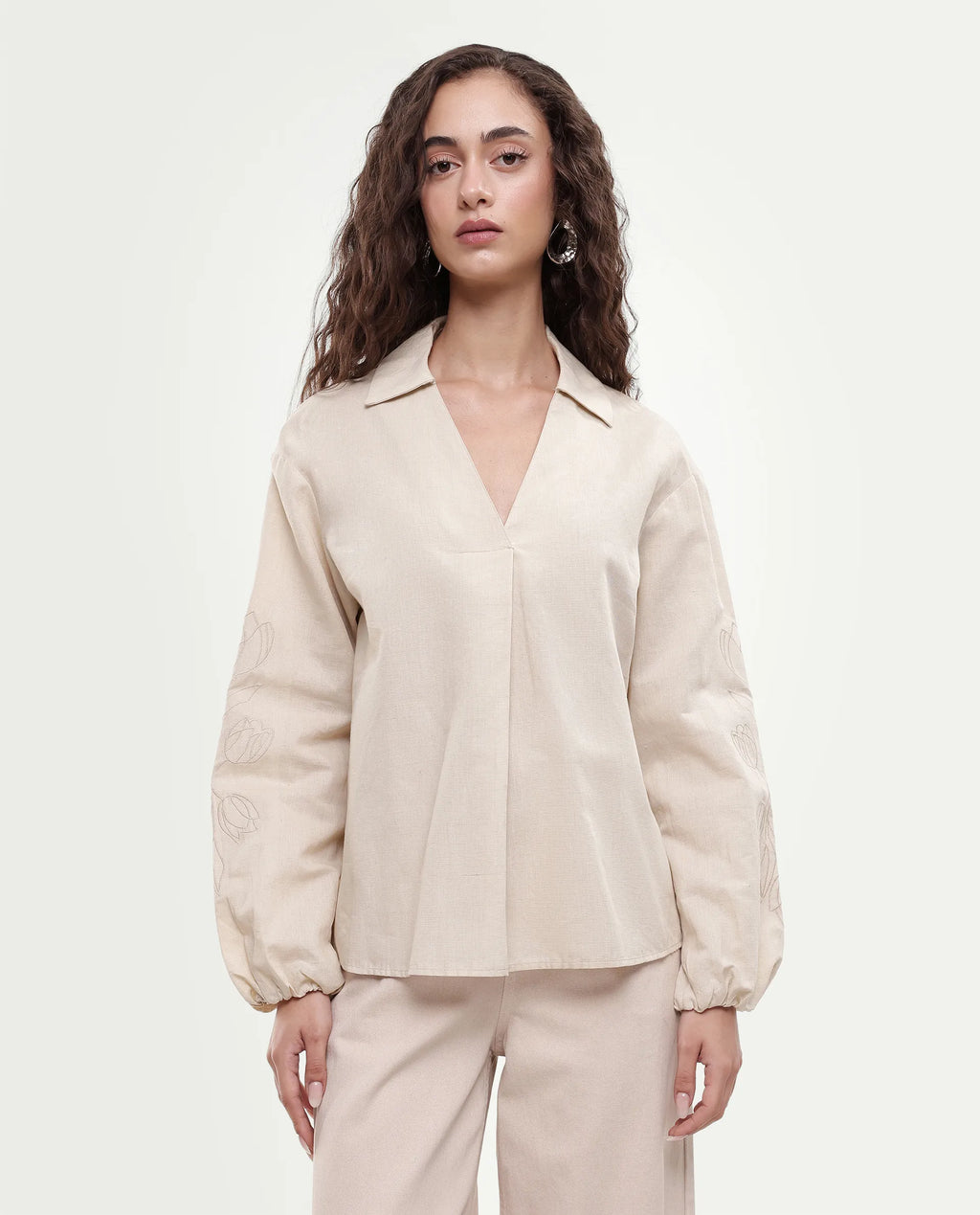 Rareism Women's Ruemb Beige Linen Blend Johnny Collar Relaxed Plain Top