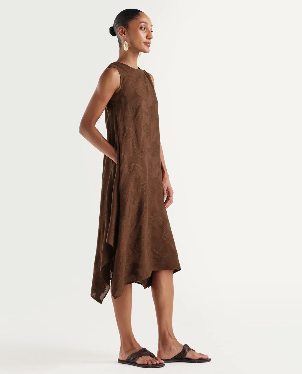 Rareism Women's Dassidy Rust Viscose Blend Crew Neck Button A-Line Jacquard Print Dress