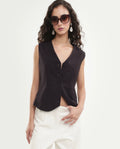 Rareism Women's Diva Brown Viscose Blend V-Neck Button Regular Plain Waist Coat