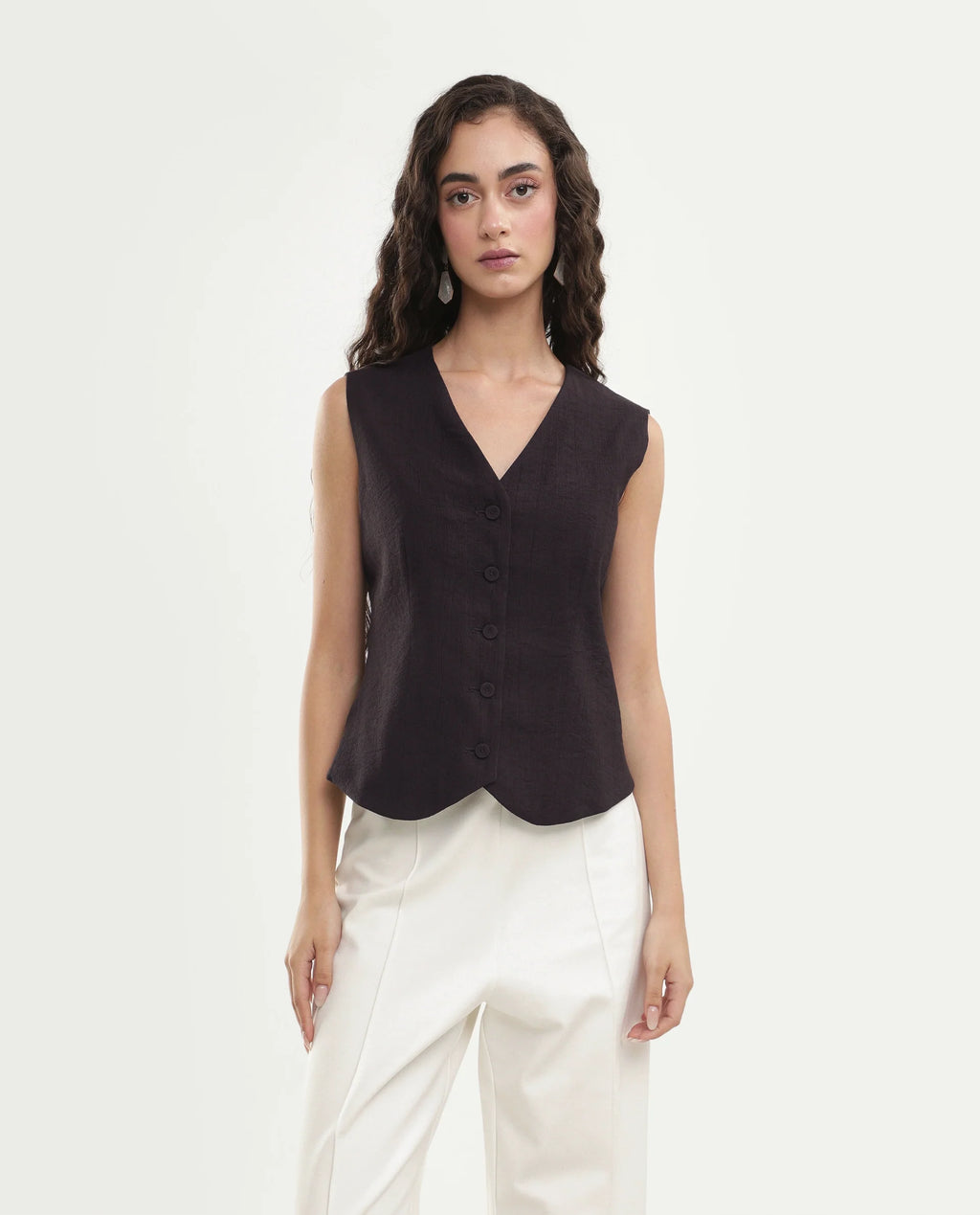 Rareism Women's Diva Brown Viscose Blend V-Neck Button Regular Plain Waist Coat