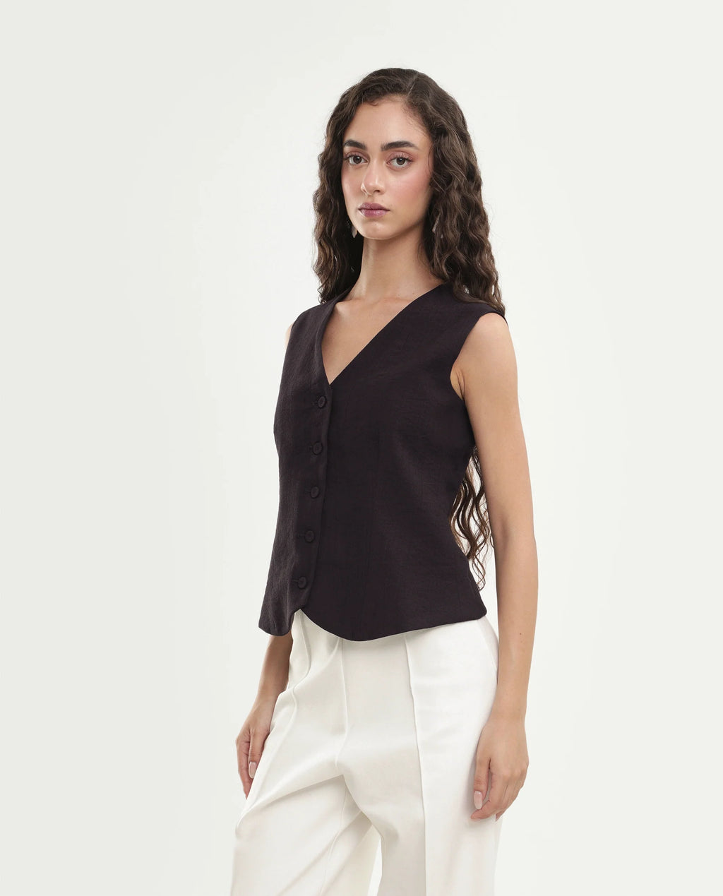 Rareism Women's Diva Brown Viscose Blend V-Neck Button Regular Plain Waist Coat
