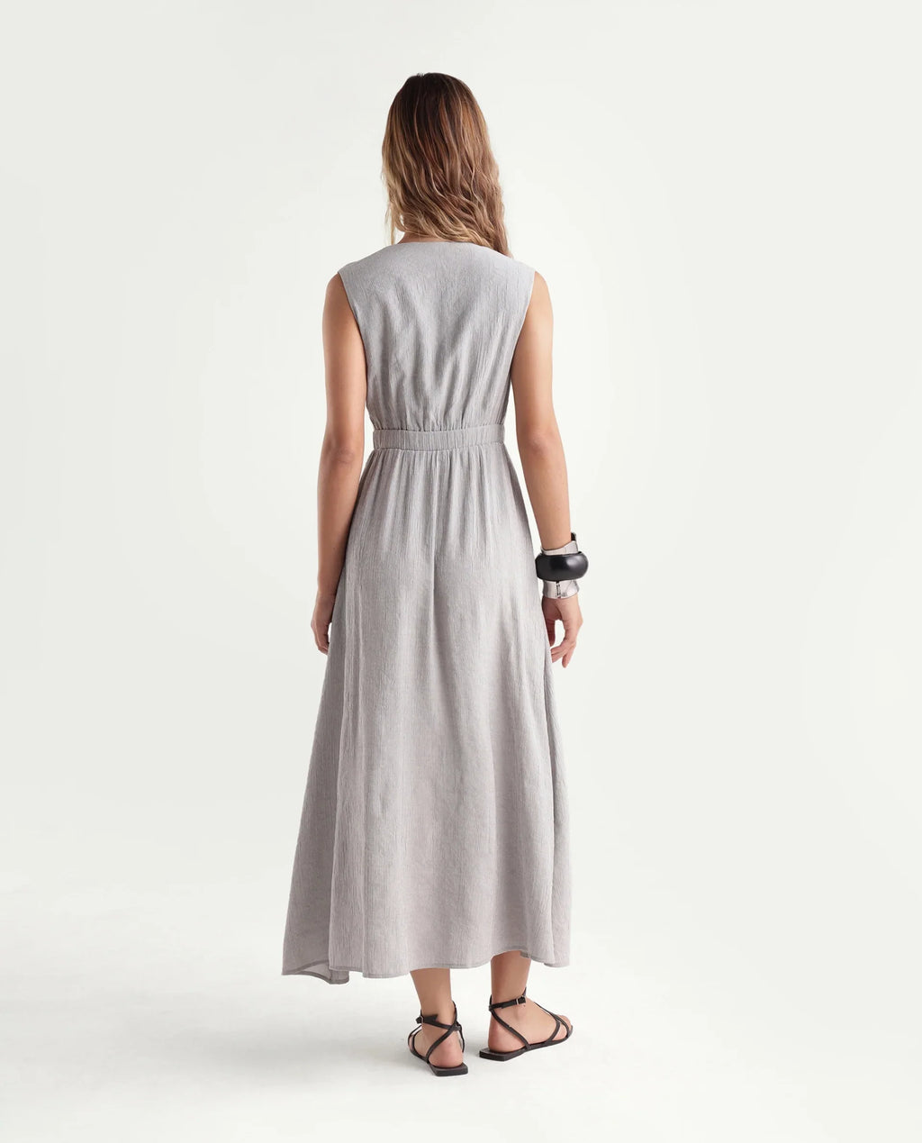 Rareism Women's Dusic Grey Viscose Blend Over Lap Button Fit And Flare Plain Dress
