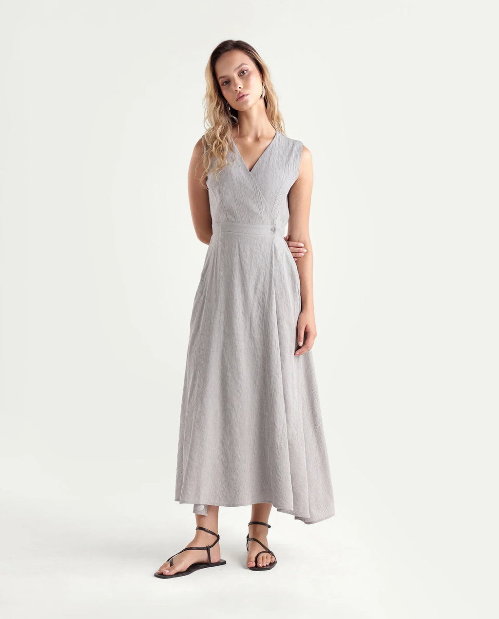 Rareism Women's Dusic Grey Viscose Blend Over Lap Button Fit And Flare Plain Dress