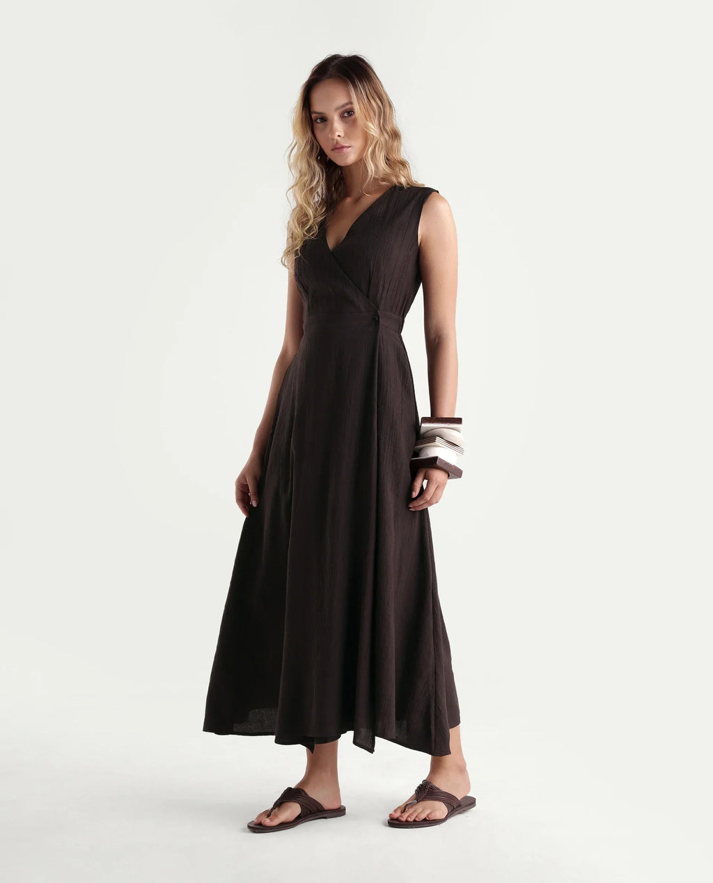 Rareism Women's Dusic Brown Viscose Blend Over Lap Button Fit And Flare Plain Dress