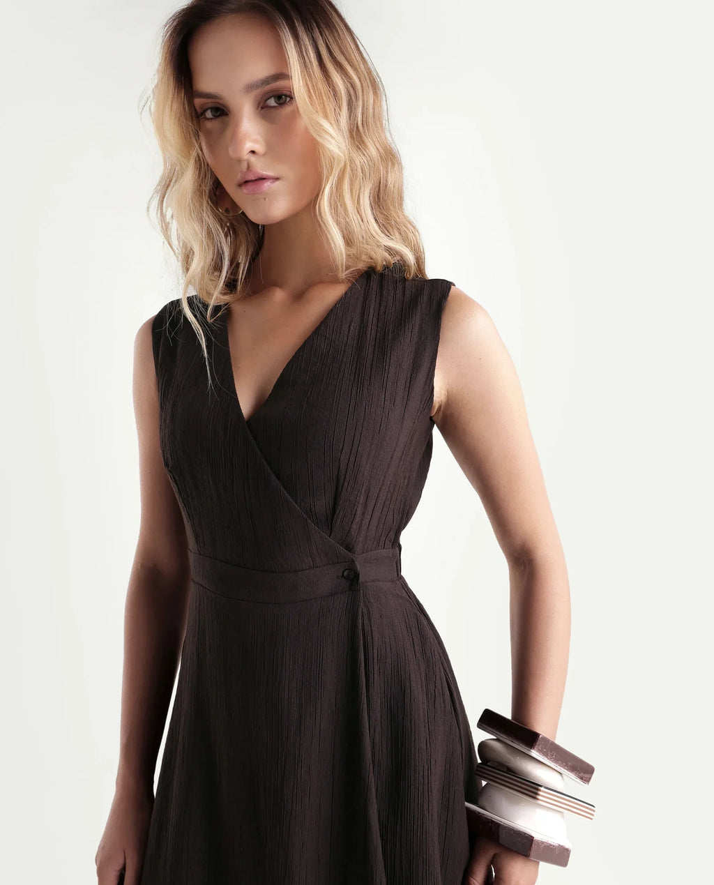 Rareism Women's Dusic Brown Viscose Blend Over Lap Button Fit And Flare Plain Dress