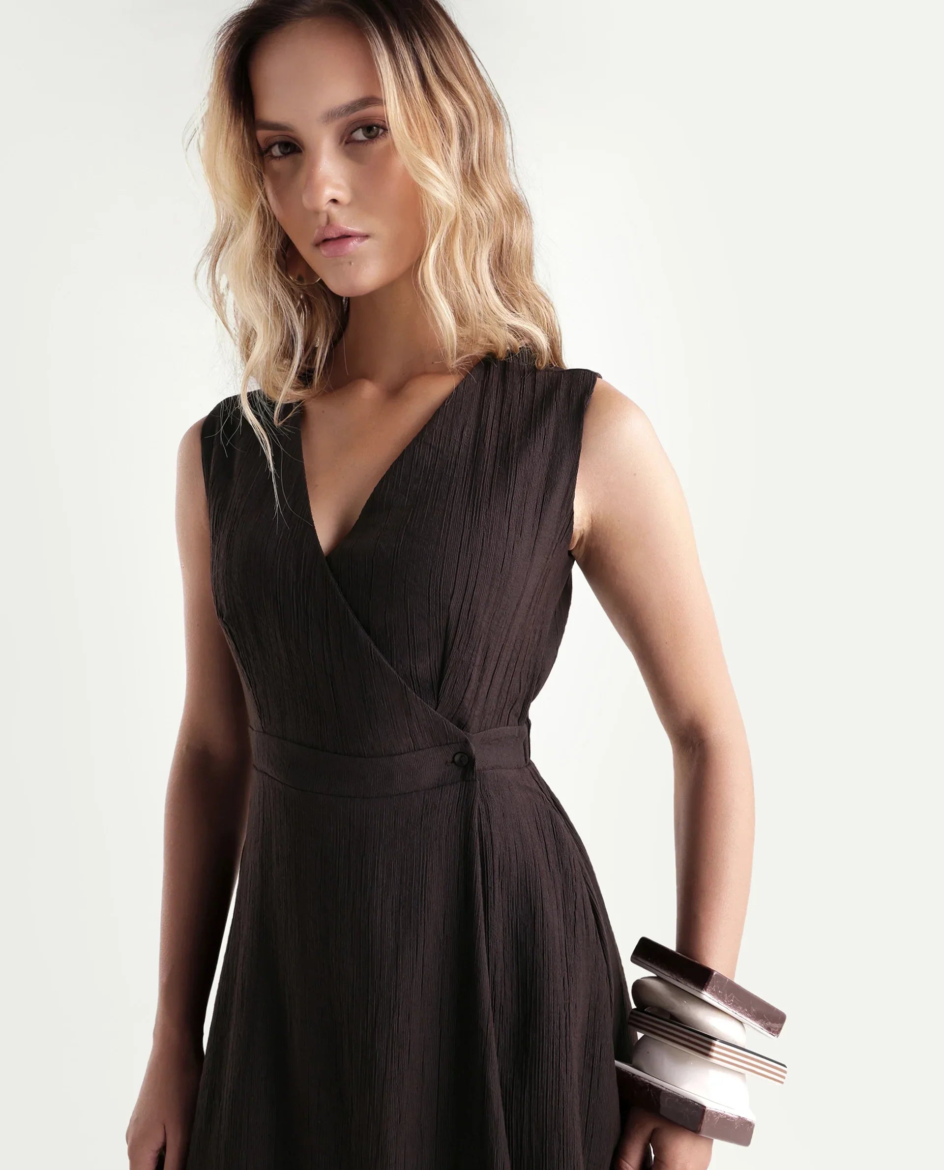 Rareism Women's Dusic Brown Viscose Blend Over Lap Button Fit And Flare Plain Dress