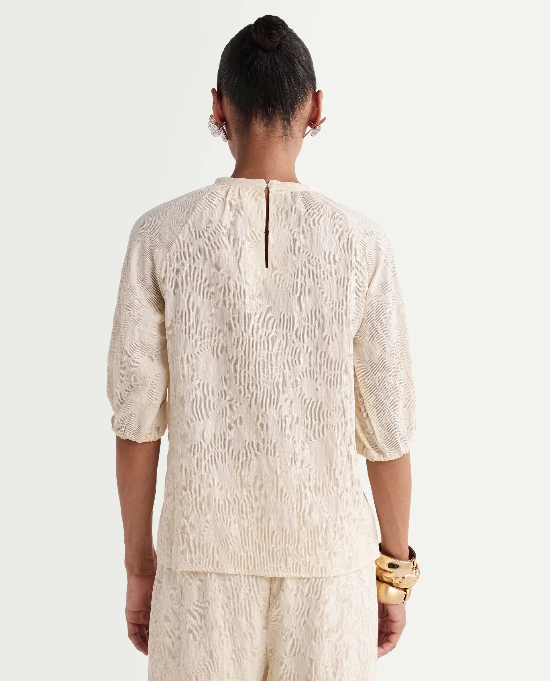 Rareism Women's Hanto-T Off White Cotton Band Collar Regular Plain Top