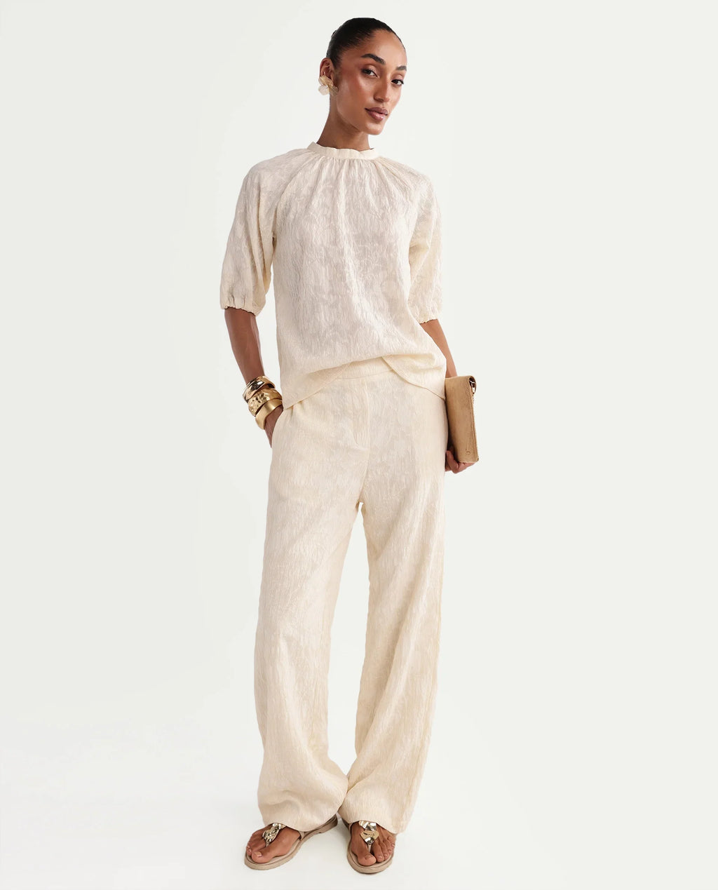 Rareism Women's Hanto-T Off White Cotton Band Collar Regular Plain Top