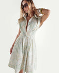 Rareism Women's Hiano Light Green Cotton Fabric Spread Collar Fit And Flare All Over Print Dress