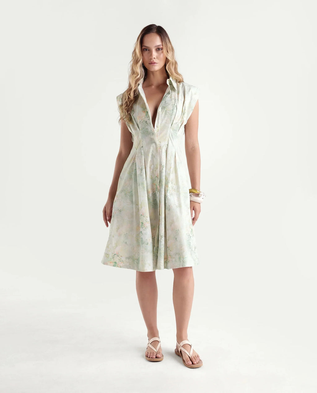 Rareism Women's Hiano Light Green Cotton Fabric Spread Collar Fit And Flare All Over Print Dress