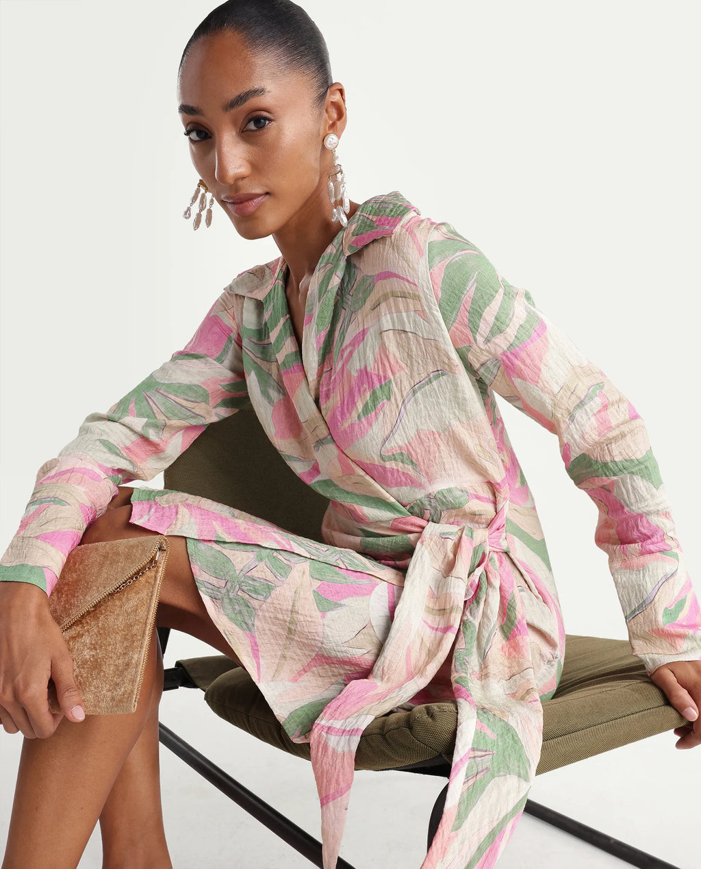 Rareism Women's Hiro Multi Viscose Blend Johnny Collar Wrap Abstract Print Dress