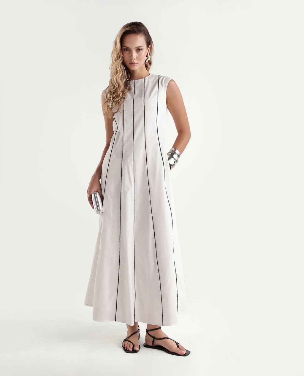 Rareism Women's Kelia Beige Cotton Fabric Crew Neck Fit And Flare Striped Dress