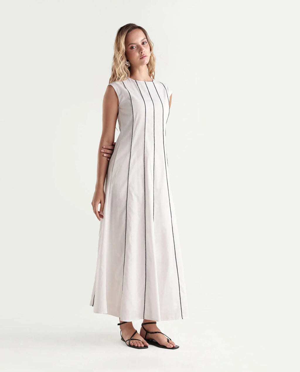 Rareism Women's Kelia Beige Cotton Fabric Crew Neck Fit And Flare Striped Dress