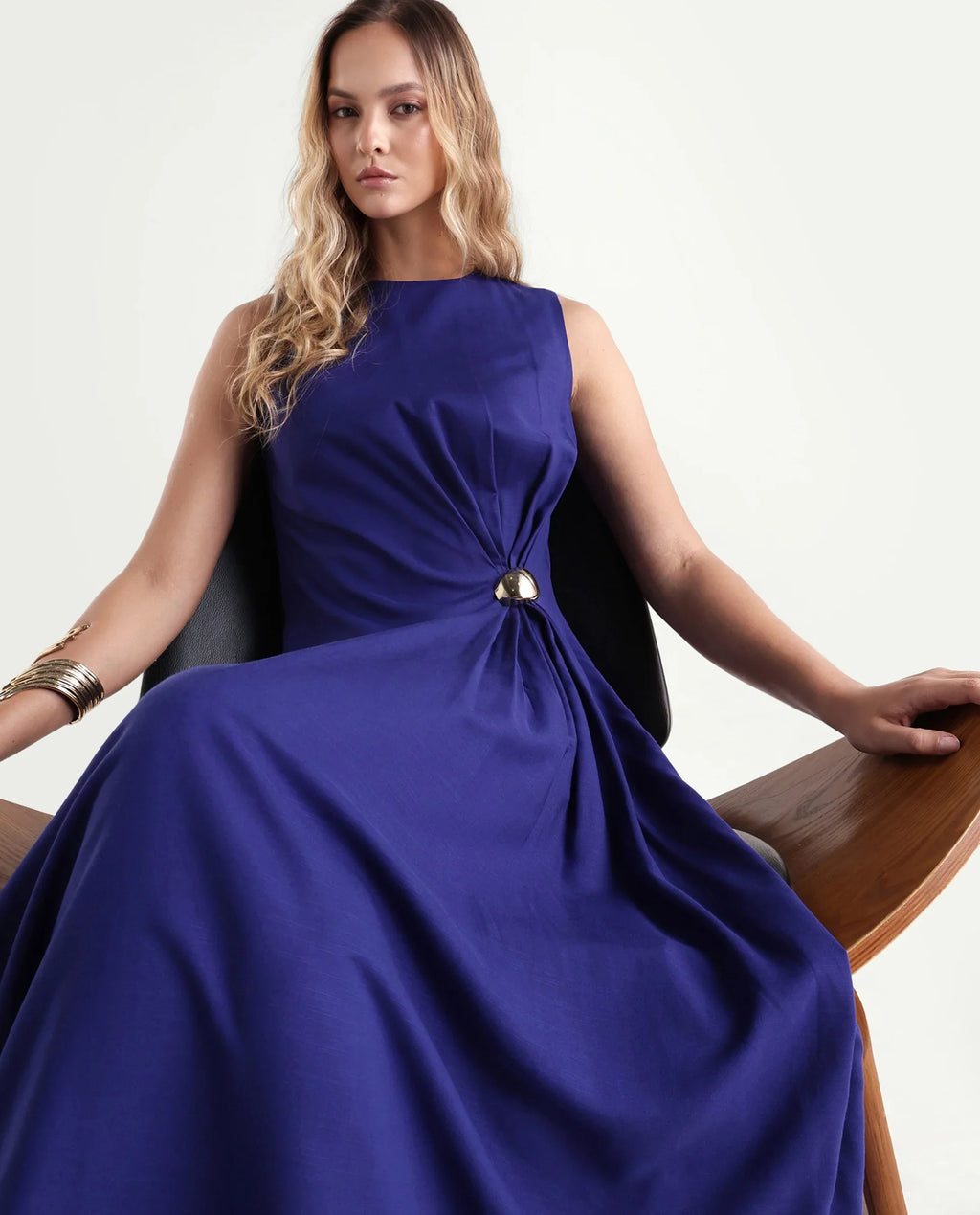 Rareism Women's Kensero Navy Viscose Fabric Crew Neck Fit And Flare Plain Dress