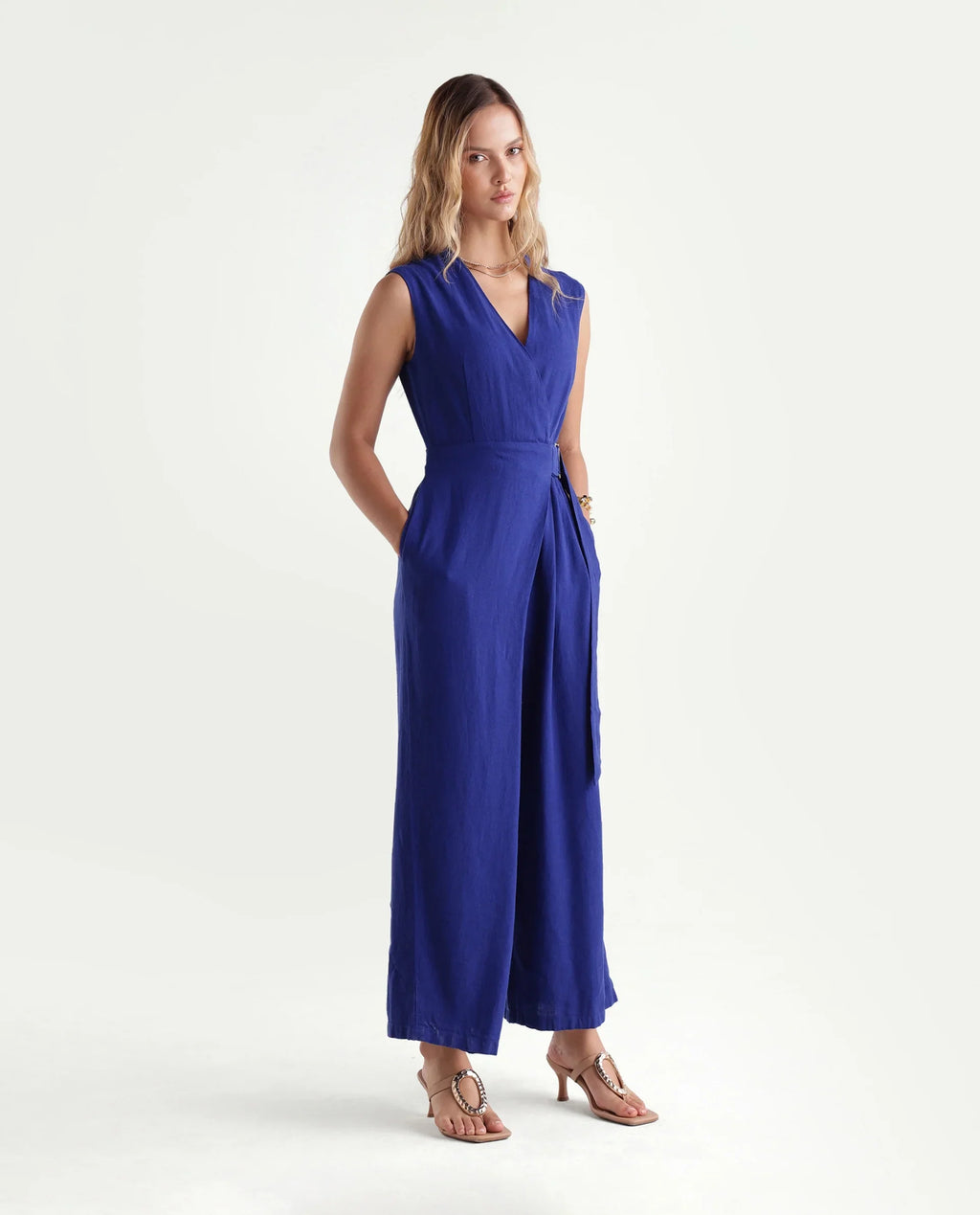 Rareism Women's Kento Navy Linen Blend Fabric Over Lap Regular Plain Jump Suit