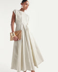Rareism Women's Onky Beige Cotton Crew Neck Button Relaxed Plain Dress
