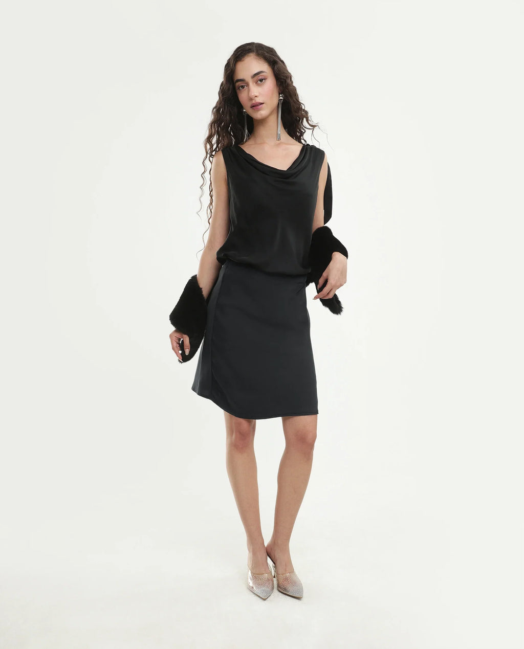Rareism Women's Petir Black Polyester Elastic Bodycon Plain Skirt