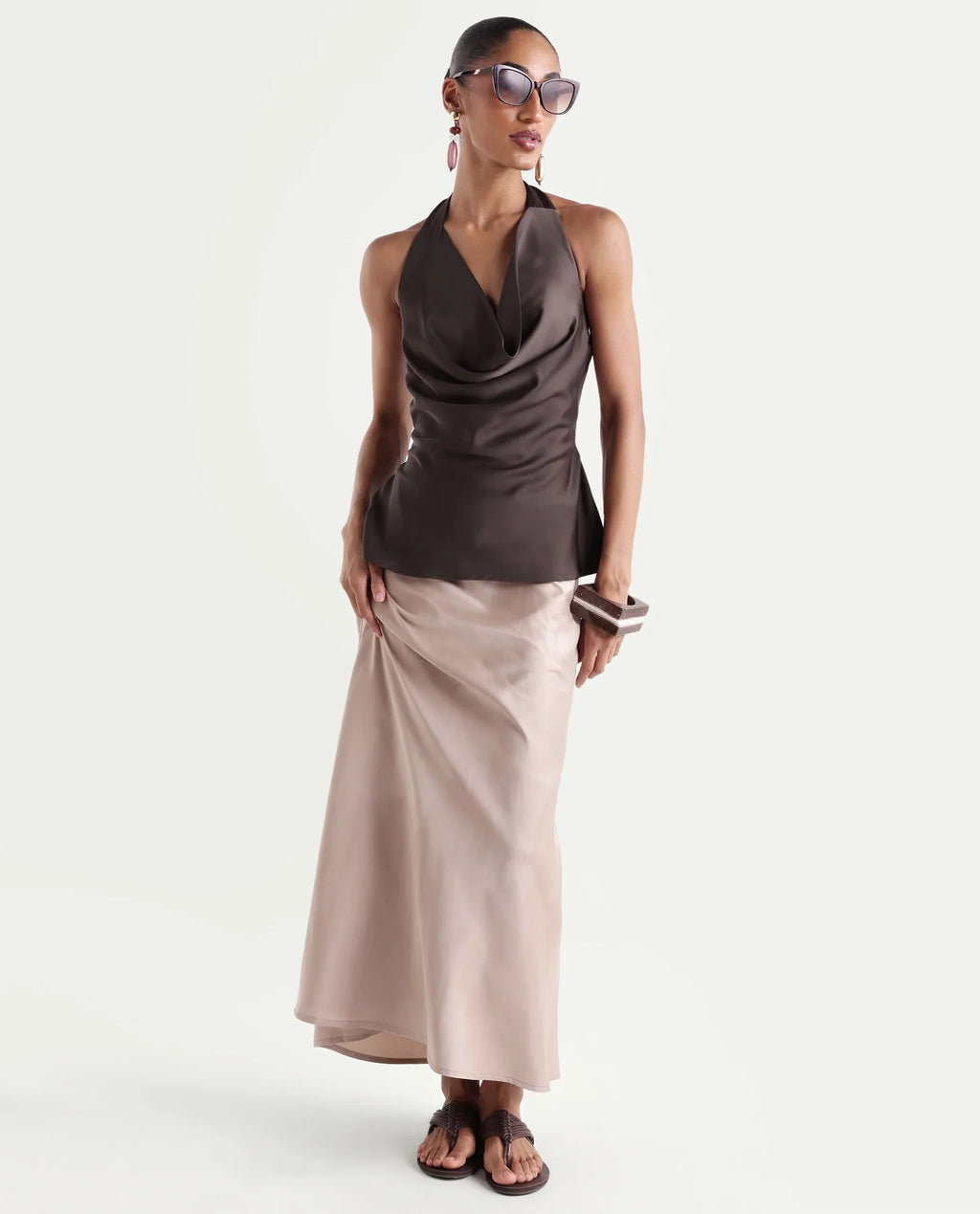 Rareism Women's Petzy Dark Brown Polyester Cowl Neck Tie-Up Regular Plain Top